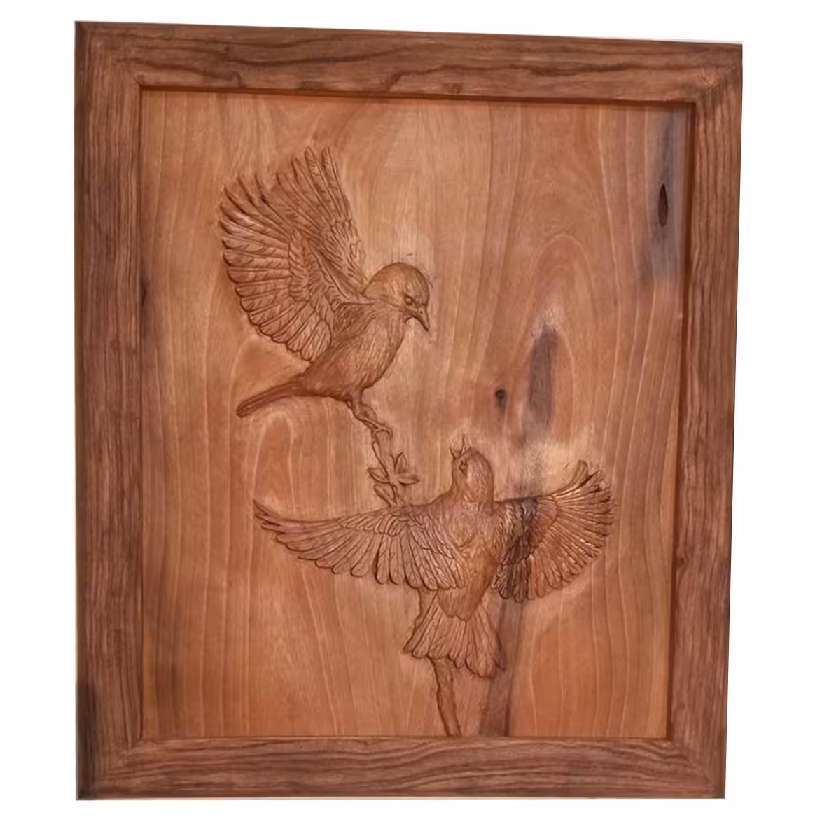 تابلو منبت کاری چوب گردو اندازه 70 در 60 مدل دو پرنده