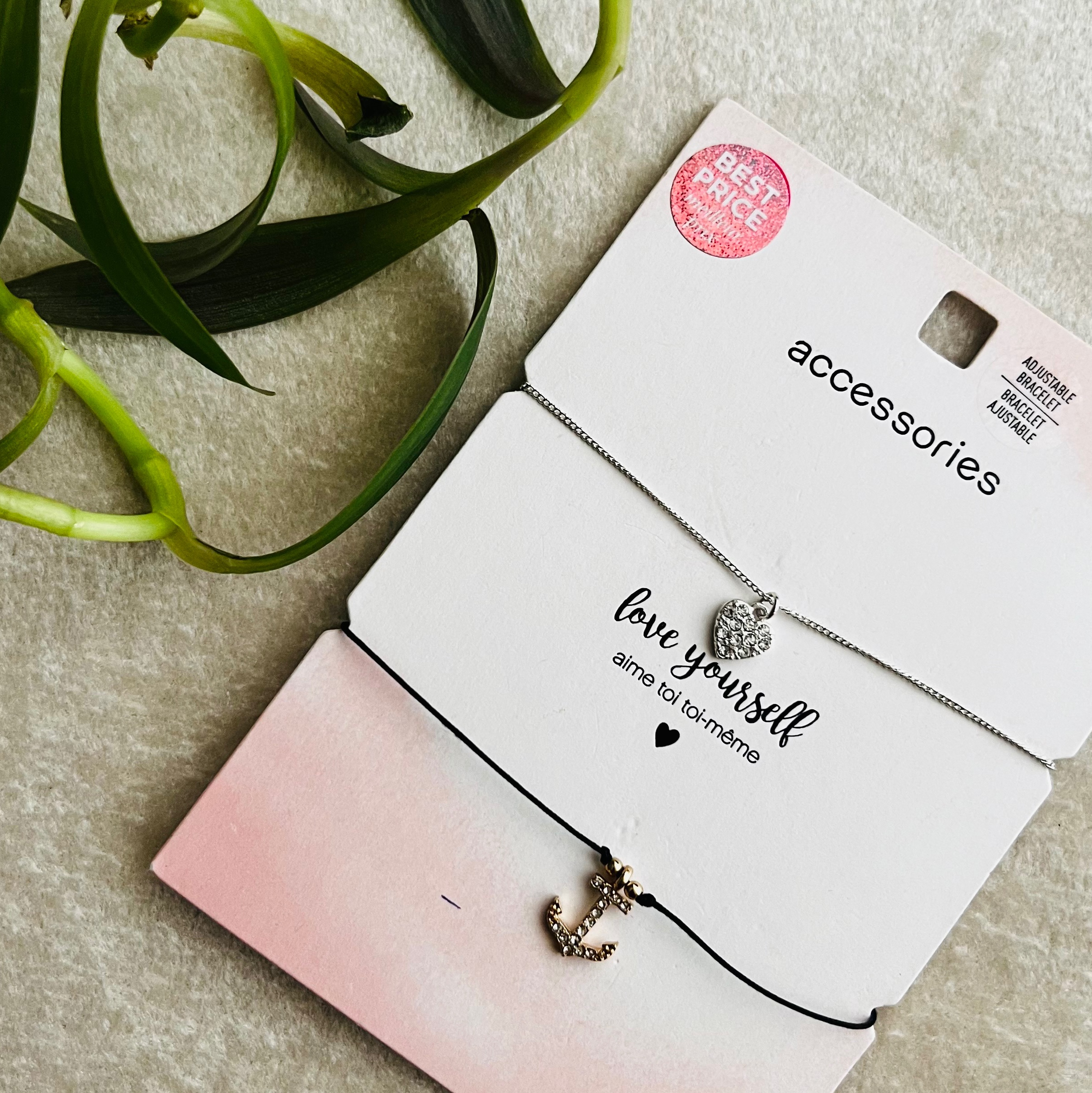 پک دو عددی دستبند ظریف اویز لنگر و قلب نگین دار