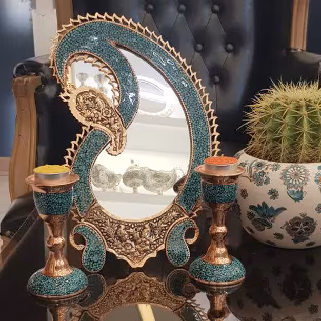 صنایع دستی - آینه فیروزه طرح بته جقه  سایز 30  - فیروزه نیشابور