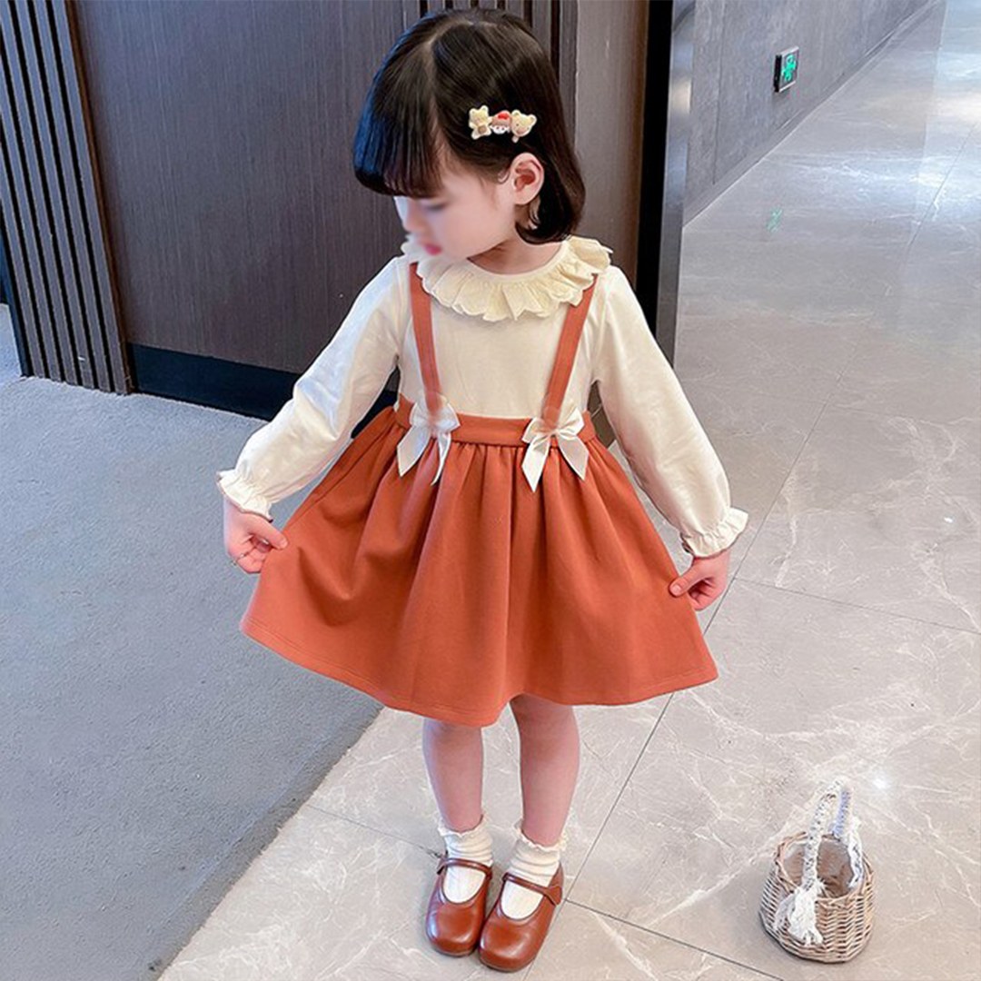پیراهن دخترانه پاییزه در دورنگ قهوه ای و صورتی جنس کرپ درجه یک