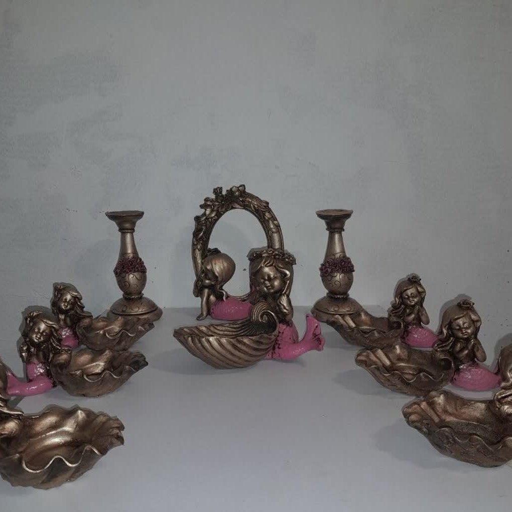 هفت سین طرح ماهی فرشته 6 تیکه ظرف  به همراه اینه و ظرف سبزه و شمعدان