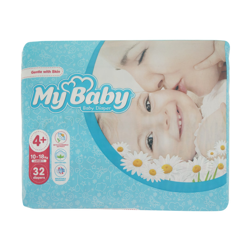 پوشک مای بیبی آبی سری مهربان با پوست سایز 4Plus بسته 32 عددی mybaby