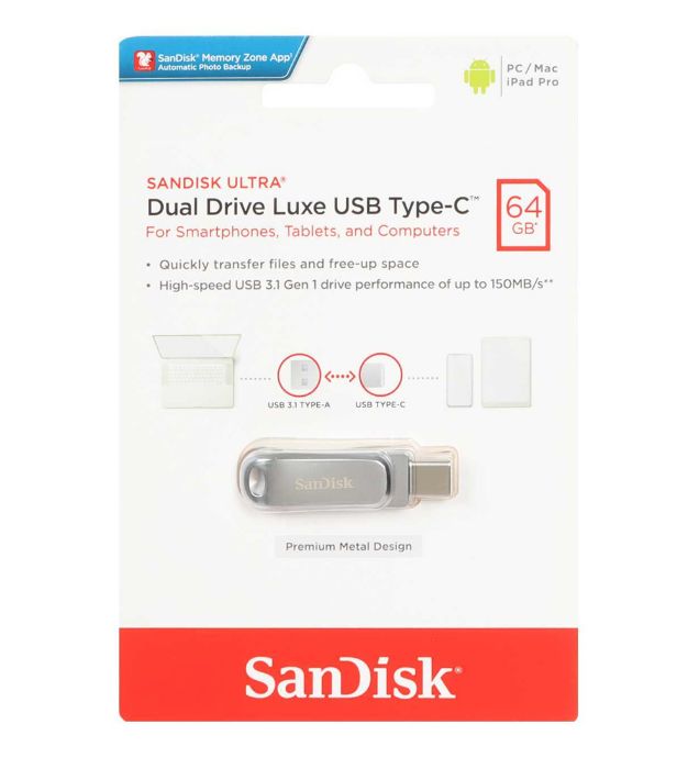 فلش مموری سن دیسک مدل Ultra Dual Drive Luxe USB Type-C USB3.1 ظرفیت 64 گیگابایت