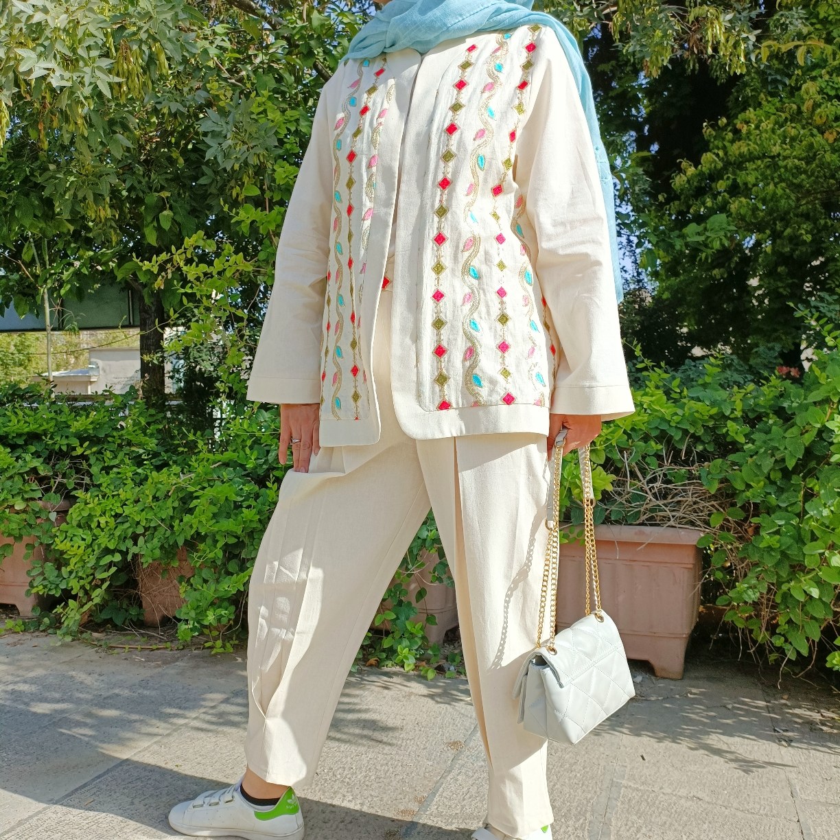 ست کت و شلوار لینن با خرجکار هندی پولکی