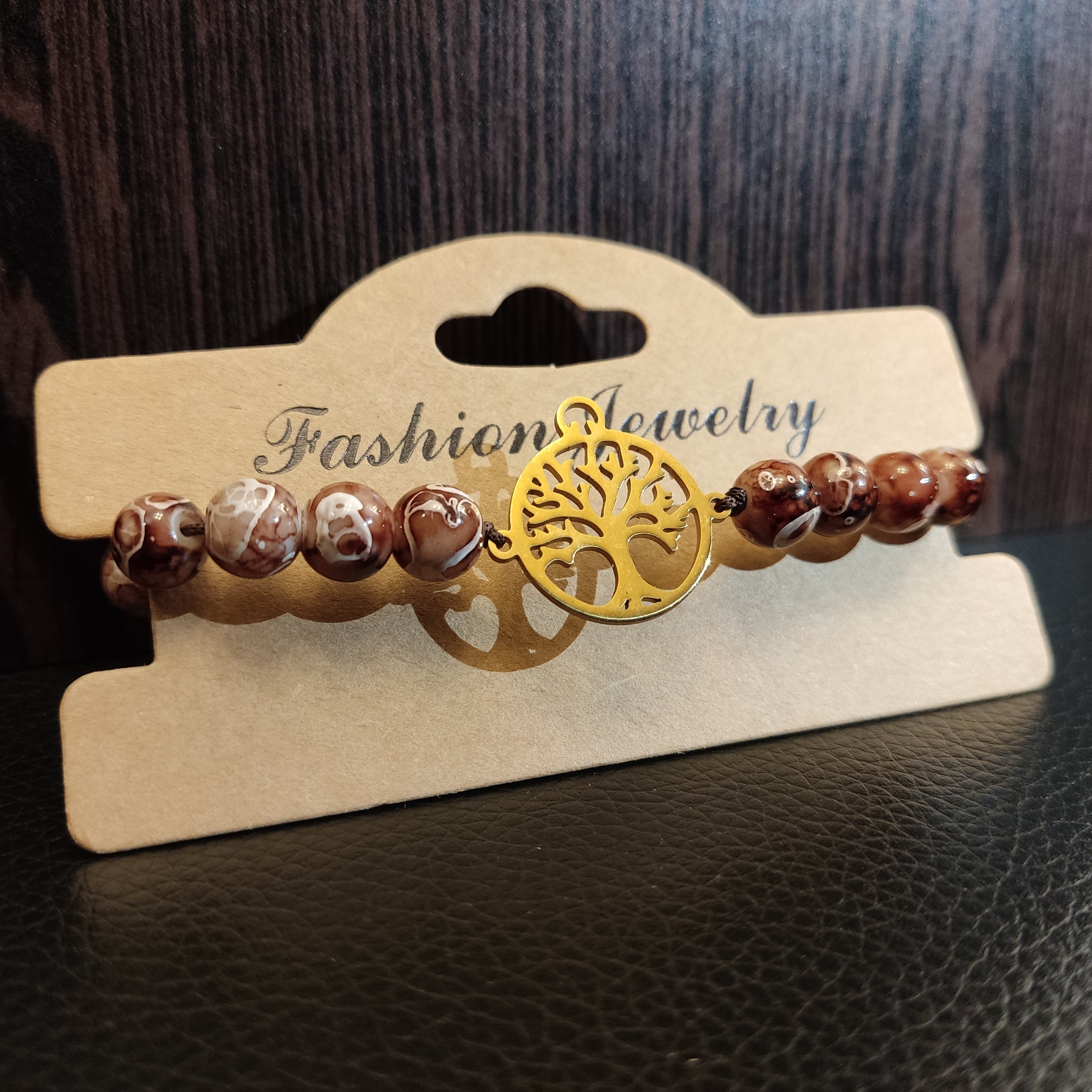 دستبند سنگ قهوه ای و پلاک استیل درخت