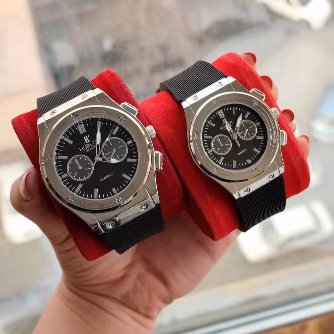 ست ساعت زنانه و مردانه نقره ای بند سیلیکونی هابلوت