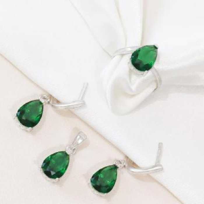 نیم ست تراش با سنگ اشکی سبز نقره عیار 925 کد 3110