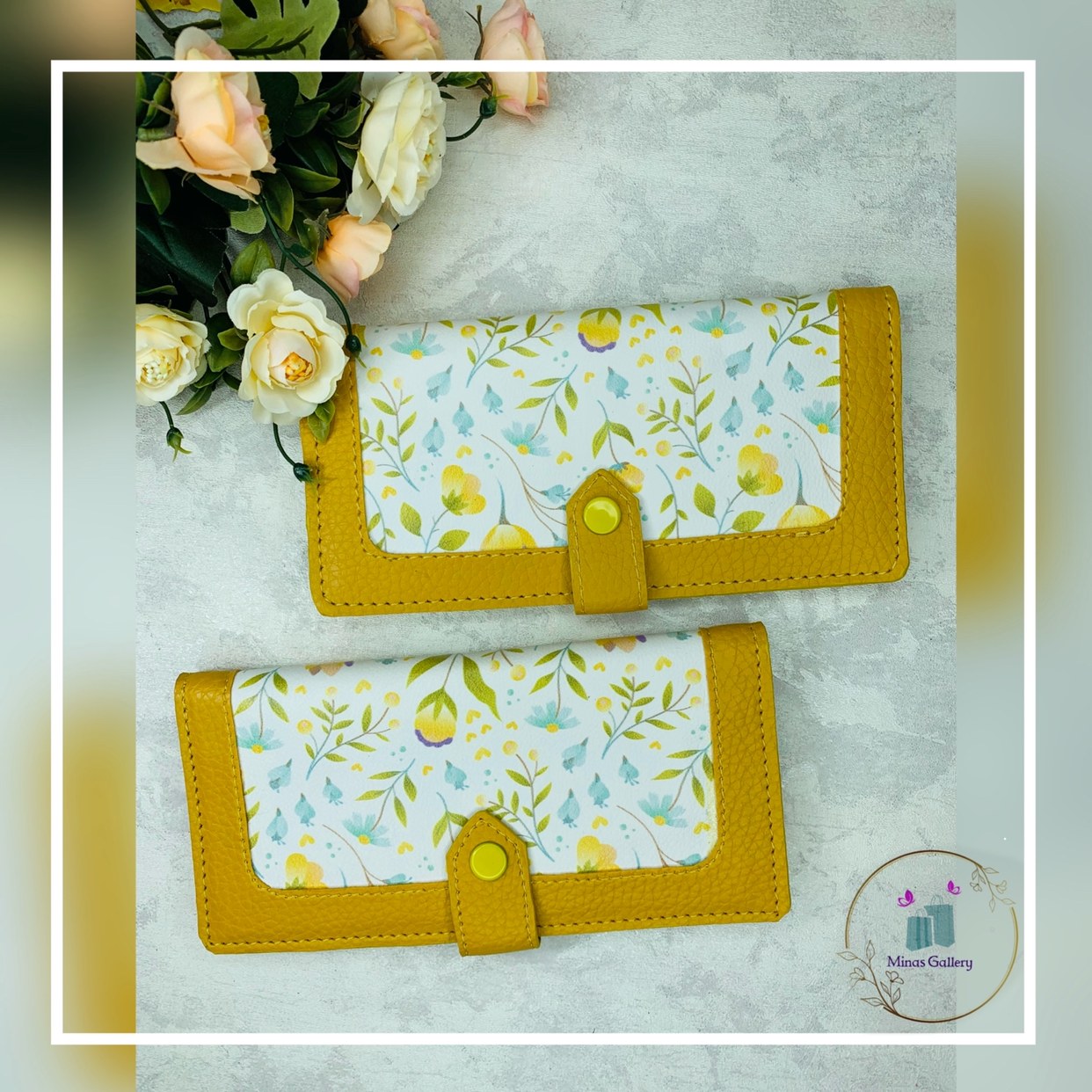 کیف پول چرم  - طرح گل های وحشی - خردلی ( کد 307 )