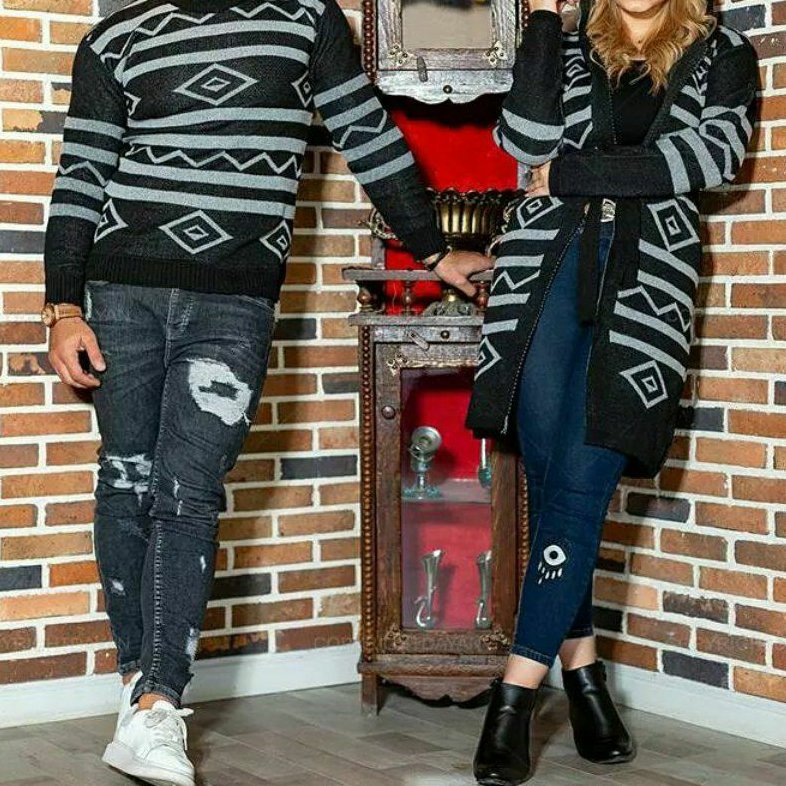 ست بافت چهار خونه زنانه مردانه کلاه دار