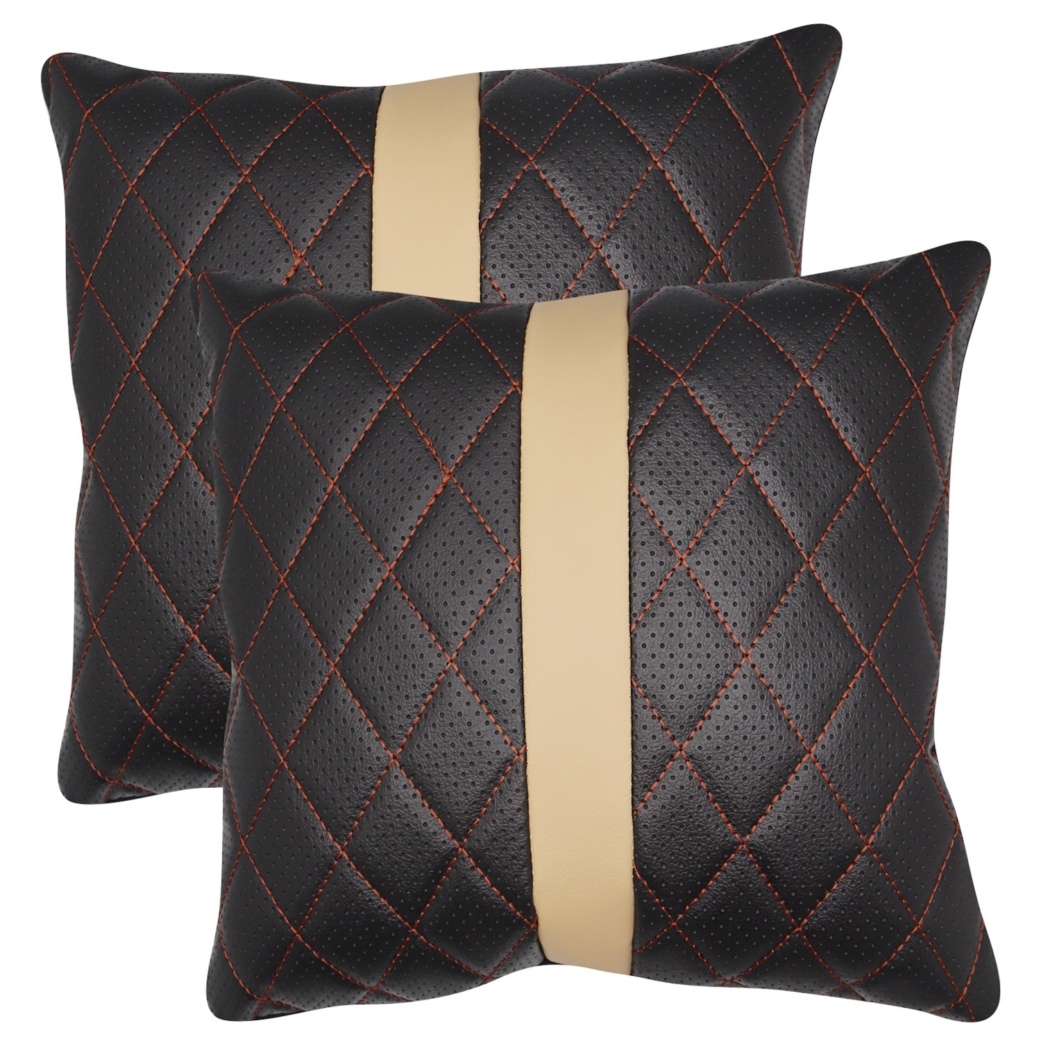 کاور کوسن چرم مشکی پانچ خرجکار کرم دو عددی