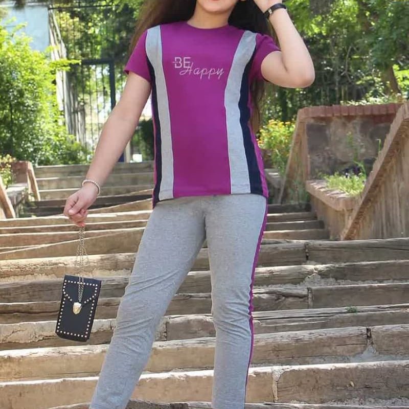 تیشرت شلوار دخترانه سایز 65 رنگ طوسی بنفش