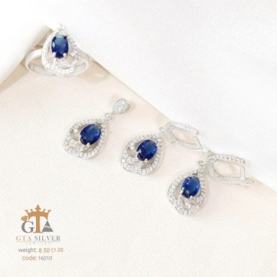 نیم ست نقره دخترانه و ظریف سنگ یاقوت کبود کد 16010