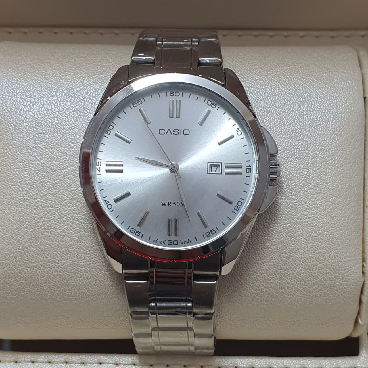 ساعت مردانه کاسیو موتور ژاپن بند استیل روزشمار قفل تاشو کیفیت رنگ بالا Casio