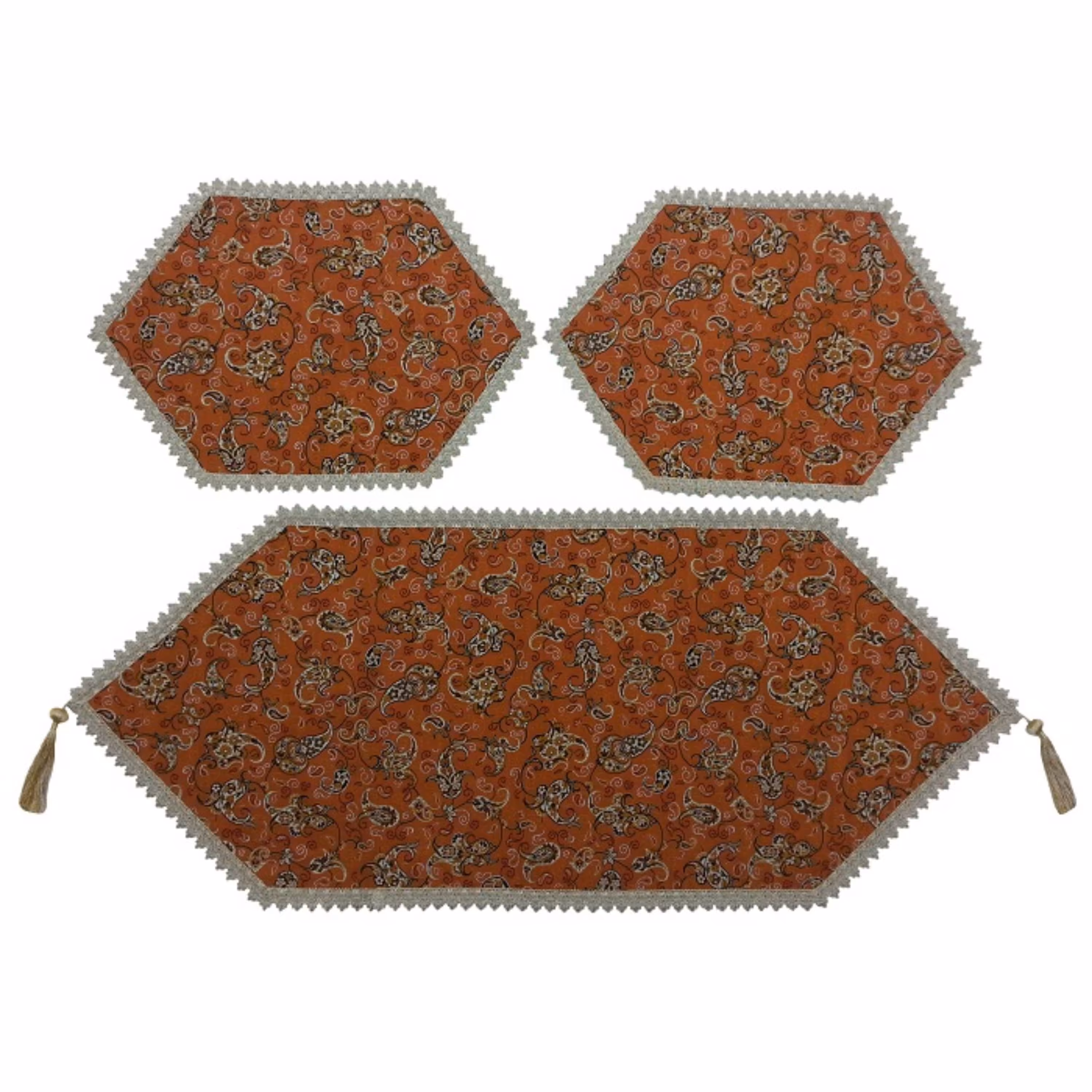 رومیزی سرویس ترمه ابریشم  کد TRSETE49  نفیس  رنگ نارنجی  آستر نارنجی