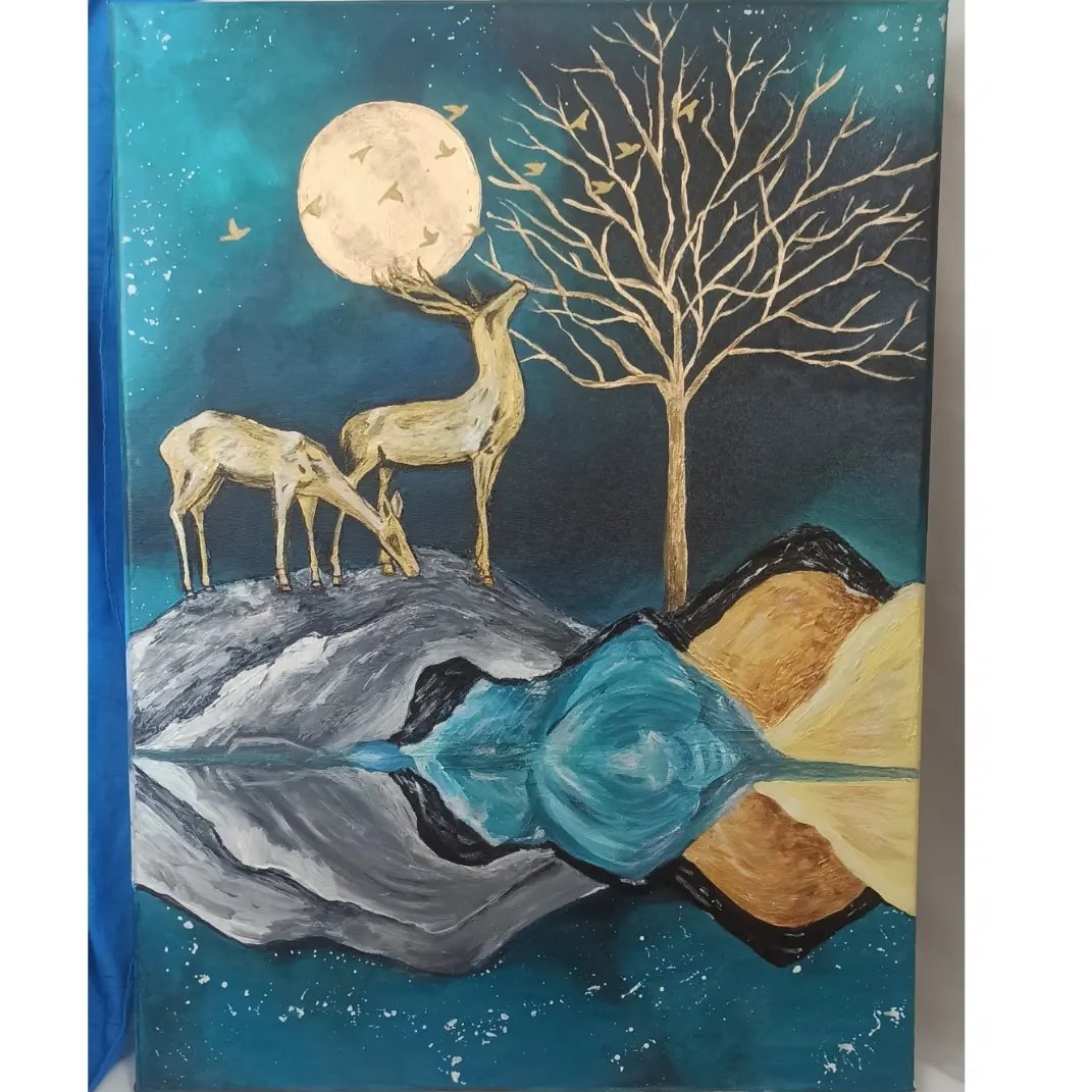 تابلو دکوراتیو آهو و ماه،اجرا شده بر روی بوم ،تکنیک اکریلیک  و کار شده با ورق طلای مایع