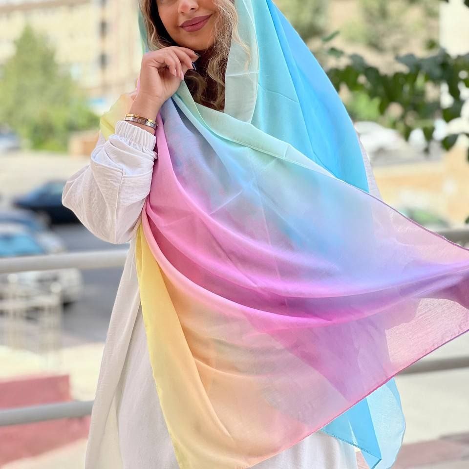 شال نخی زنانه جدید چهارفصل رنگ طیفی آبی صورتی  ارسال رایگان r400