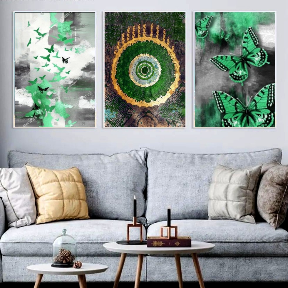 تابلو دکوراتیو چشم زخم وپروانه تم سبز سه تکه سایز هر تکه60در40