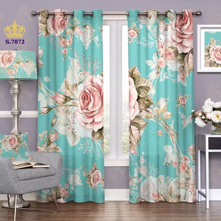 پرده پذیرایی دو قواره پانچ گلدار طرح نقاشی زمینه شاخه گل رُز کد S7072