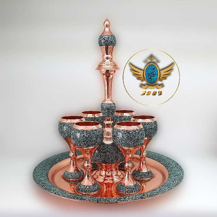 سرویس شربت خوری کوچک مس و فیروزه کوب برند آقاجانی