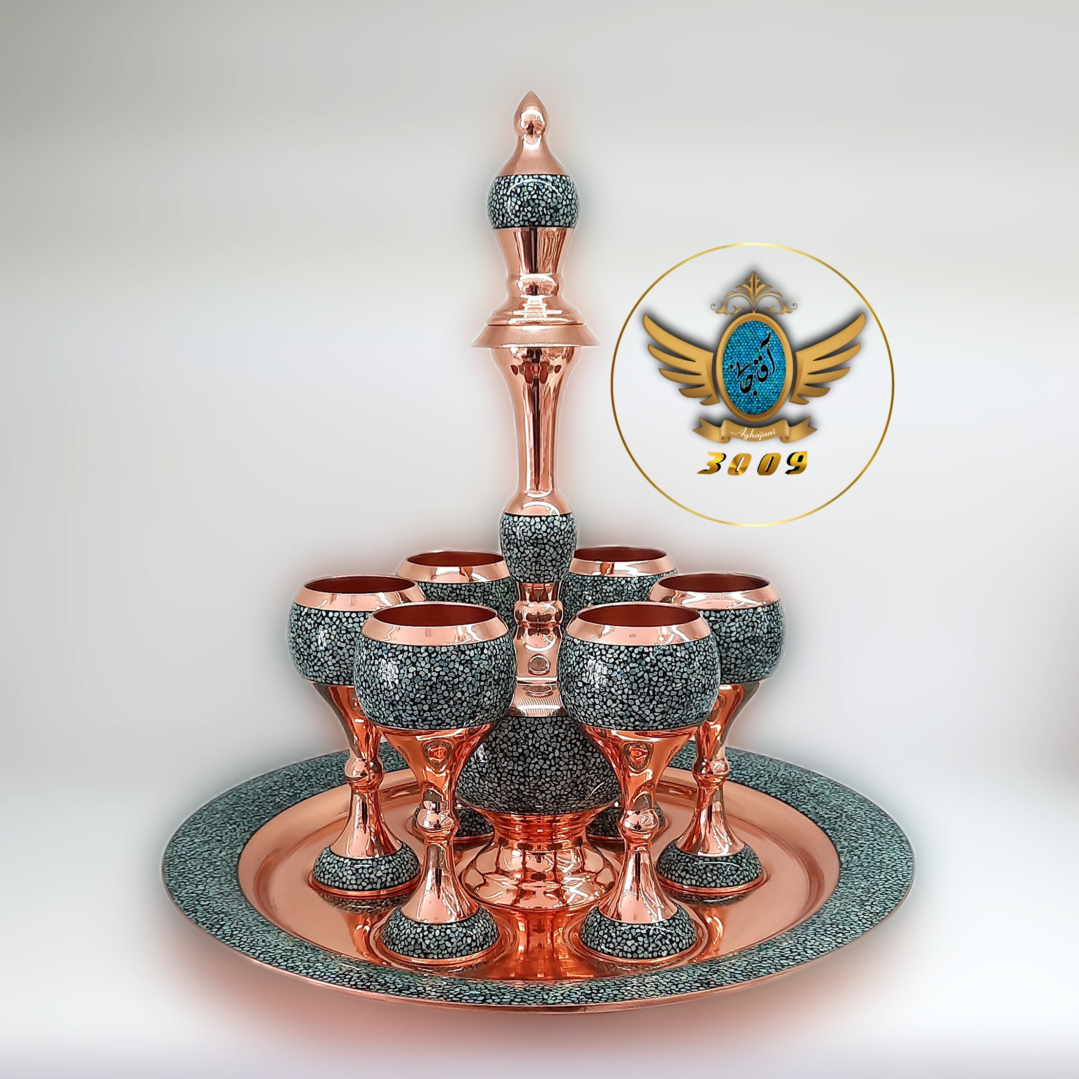 سرویس شربت خوری کوچک مس و فیروزه کوب برند آقاجانی