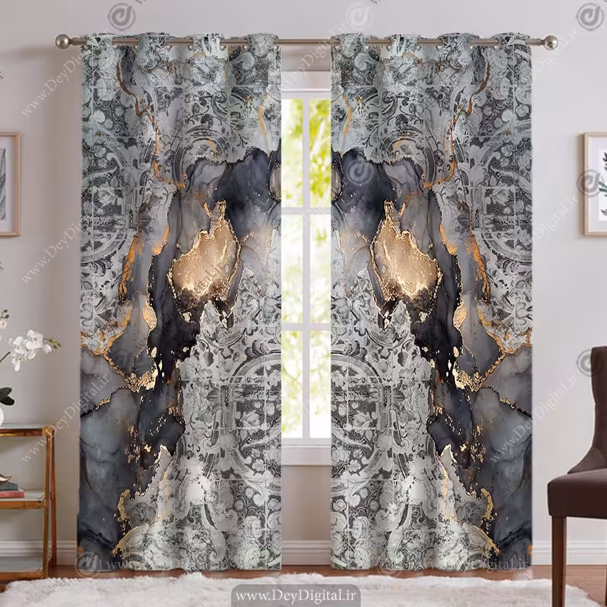 پرده پانچی طرح سنگ مشکی طلایی SM-14201