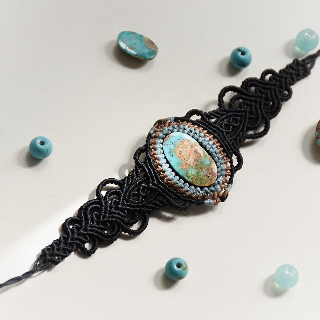 دستبند بافت مکرومه بافی سنگ فیروزه نیشابور