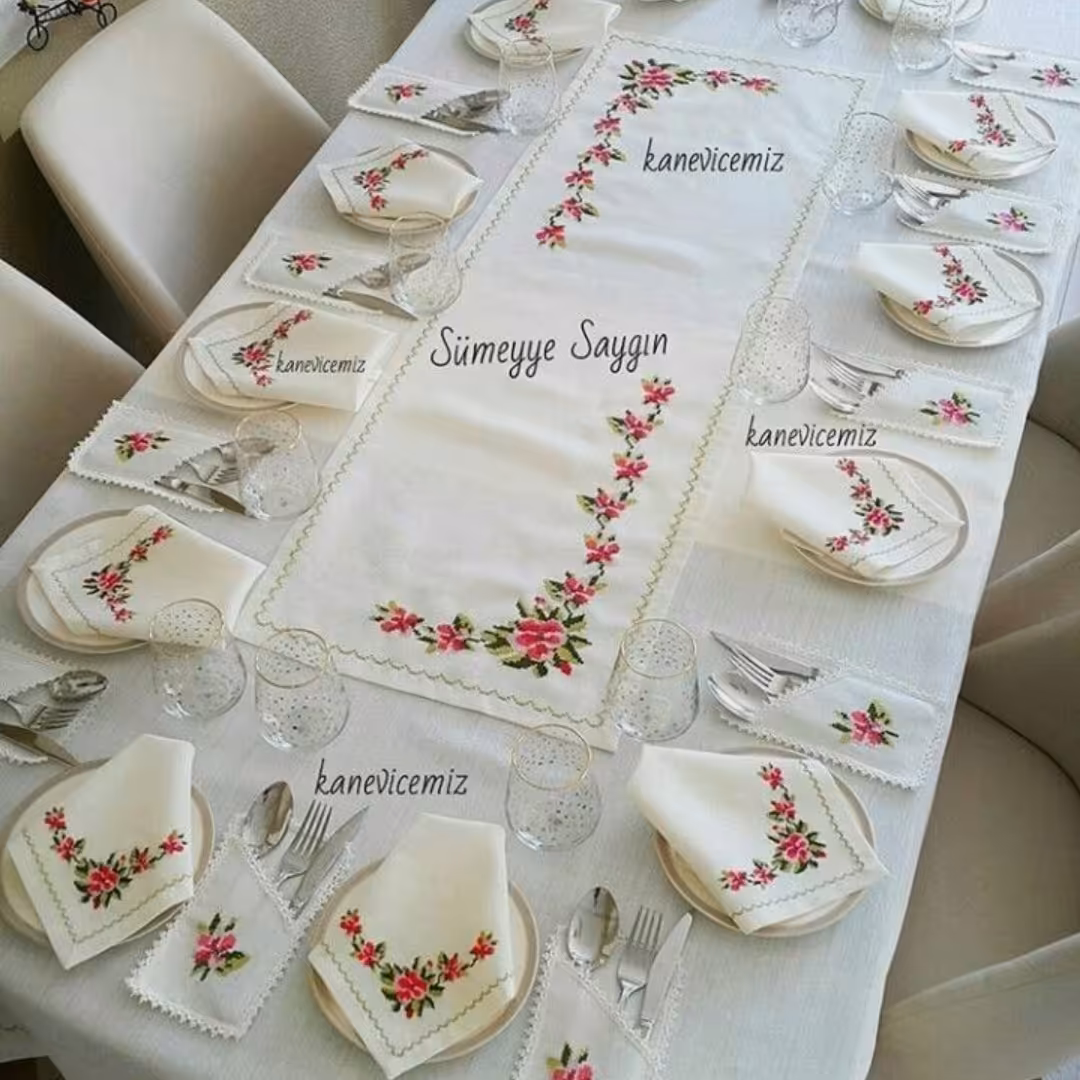 رومیزی و رانر (به علاوه زیربشقابی، جاقاشقی، دستمال) بسیار مناسب جهیزیه عروس خانوم با بهترین متریال