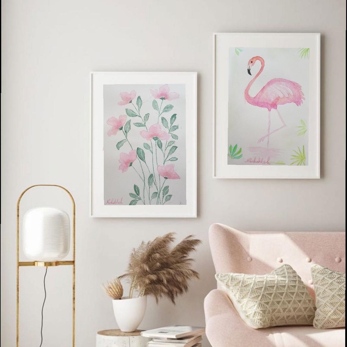 تابلو نقاشی آبرنگ ست دو تایی فلامینگو و گل های صورتی مدرن