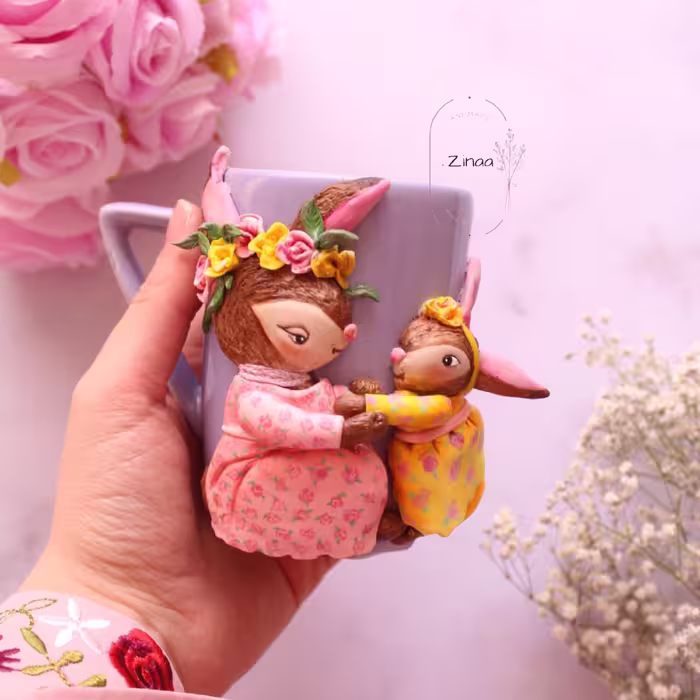 ماگ مادر و دختر خرگوشی رنگ ماگ بنفش و قابل تغییر با سلیقه مشتری