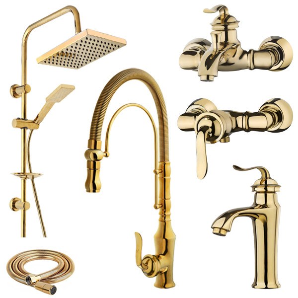 ست شیرآلات مدل هلن طلایی با شیر اشپزخانه فنری به همراه دوش حمام و شلنگ توالت