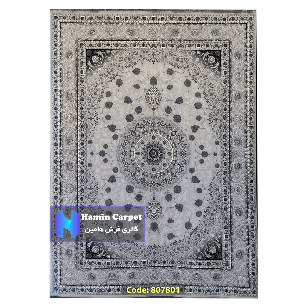 فرش 12 متری 700شانه تراکم 2550 نخ آکلریک رنگ زمینه نقره ای کد AR807801
