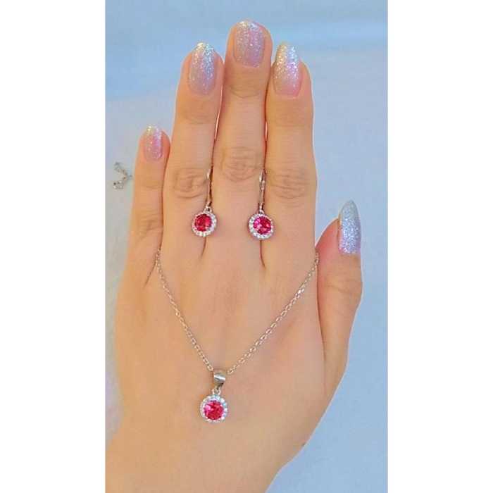 نیم ست تمام نقره زنانه ایتالیایی نگین قرمز عیار 925باآبکاری طلا سفید بدون ریزش نگین 