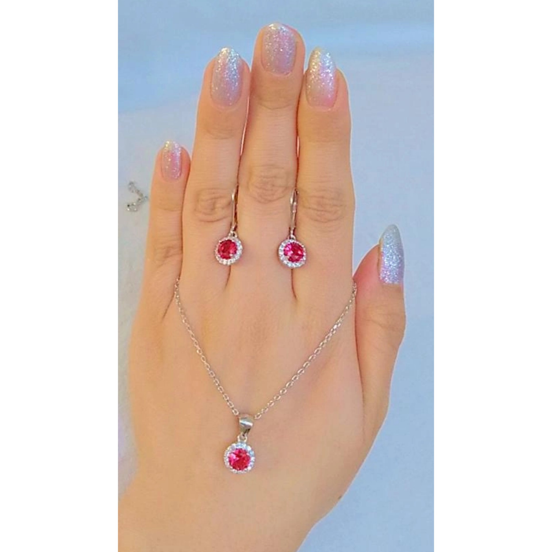 نیم ست تمام نقره زنانه ایتالیایی نگین قرمز عیار 925باآبکاری طلا سفید بدون ریزش نگین 