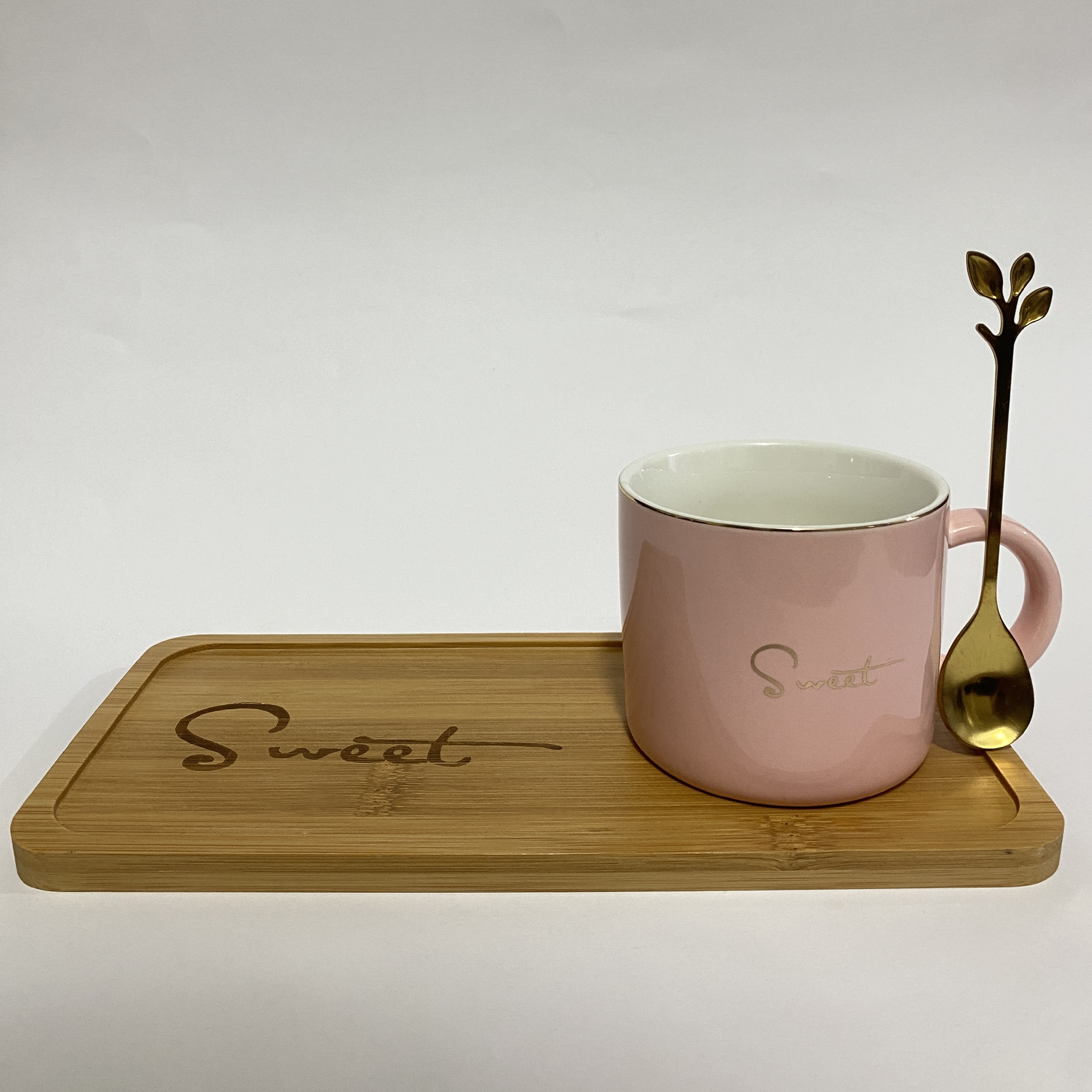 ماگ و زیره چوبی بامبو رنگ صورتی 