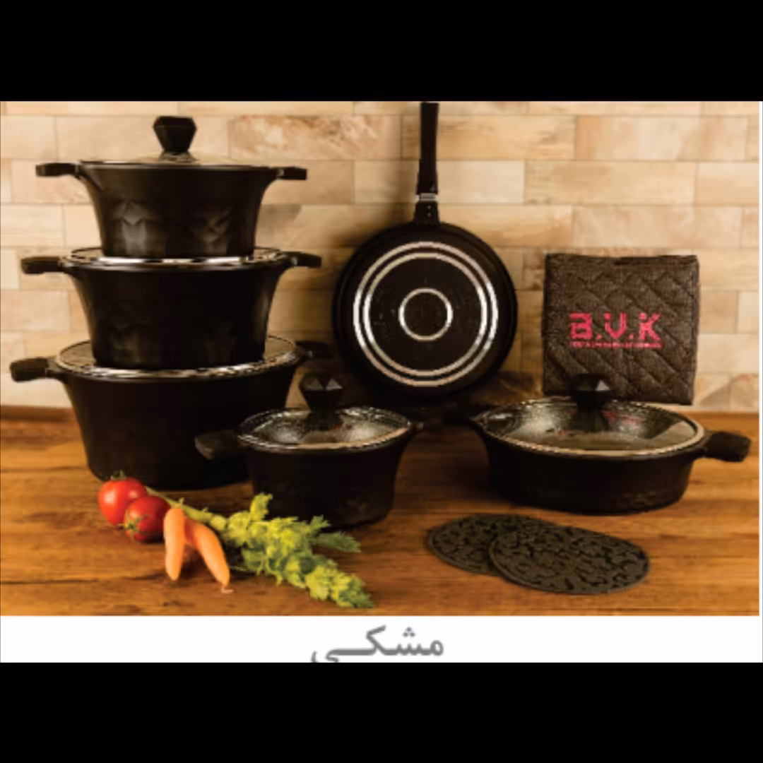 سرویس قابلمه چدن گرانیت 15 پارچه برند BVK کد 713615 رنگ مشکی