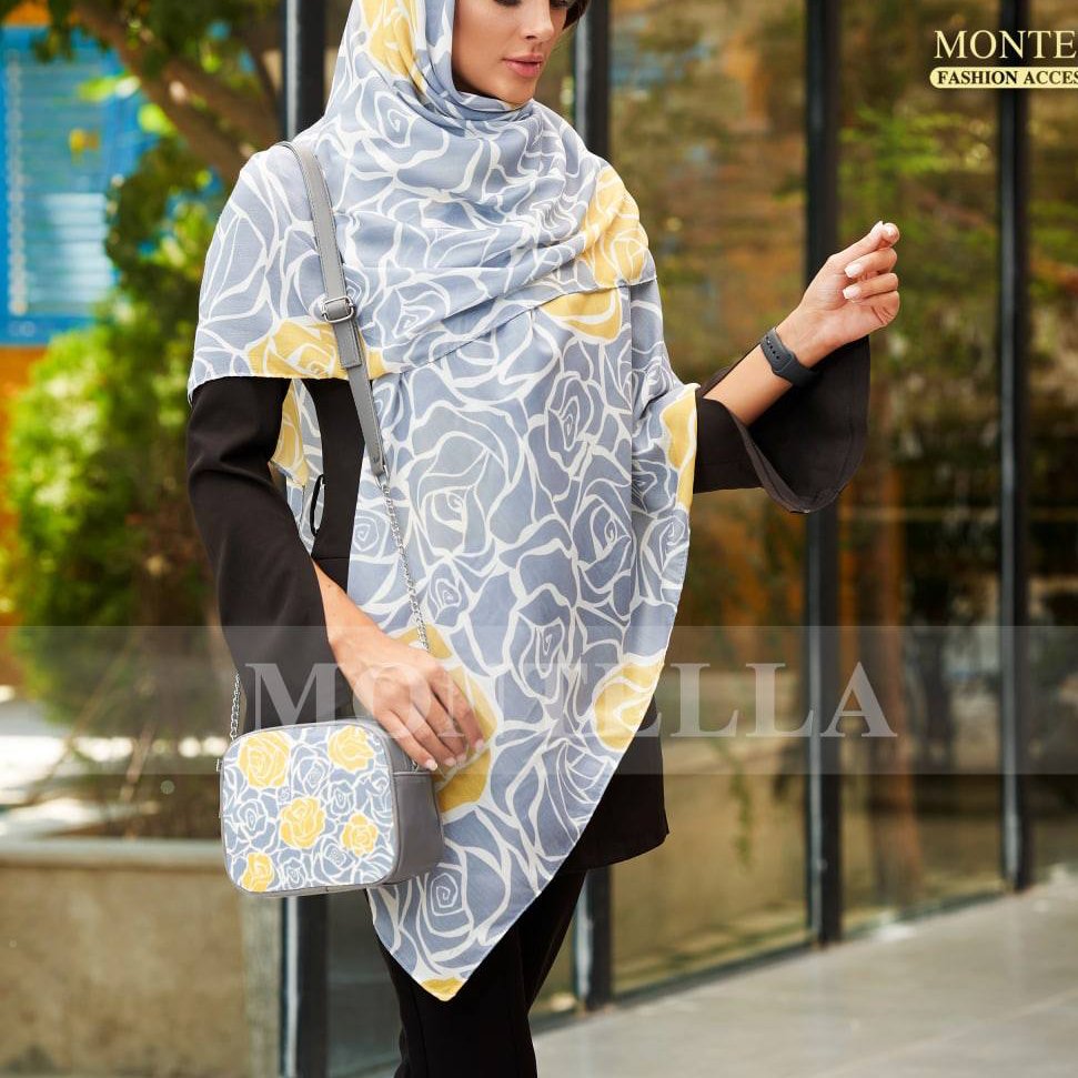 ست کیف و روسری یا شال برند مونتلا ارسال (رز طوسی گل زرد)