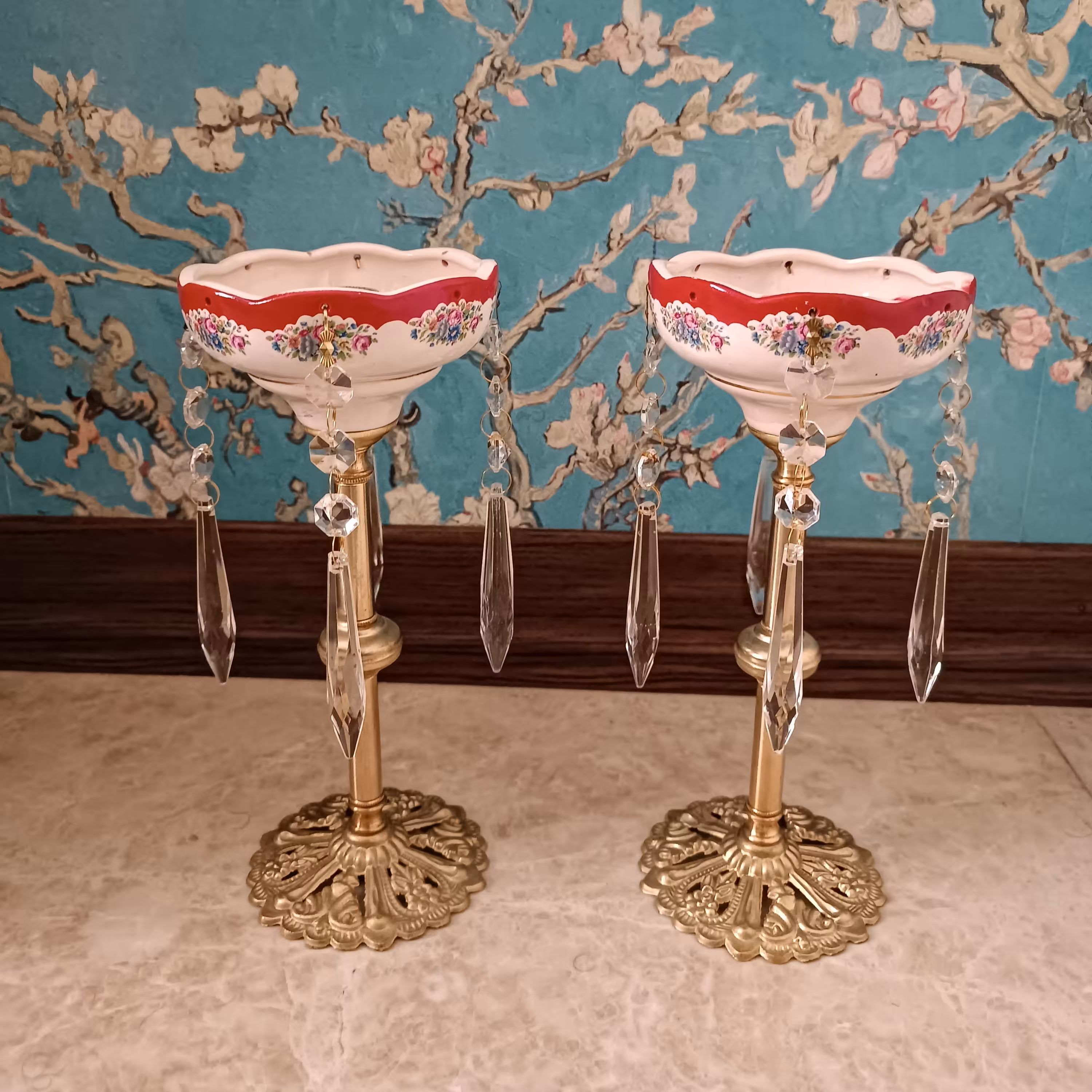 لاستر - شمعدان رومیزی پایه بلند با کریستال آویز اتریشی