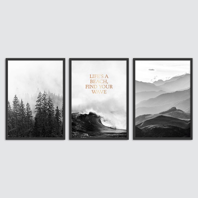 تابلو سیاه سفید طرح طبیعت..کوه جنگل دریا ... سایز هر تابلو 40.60