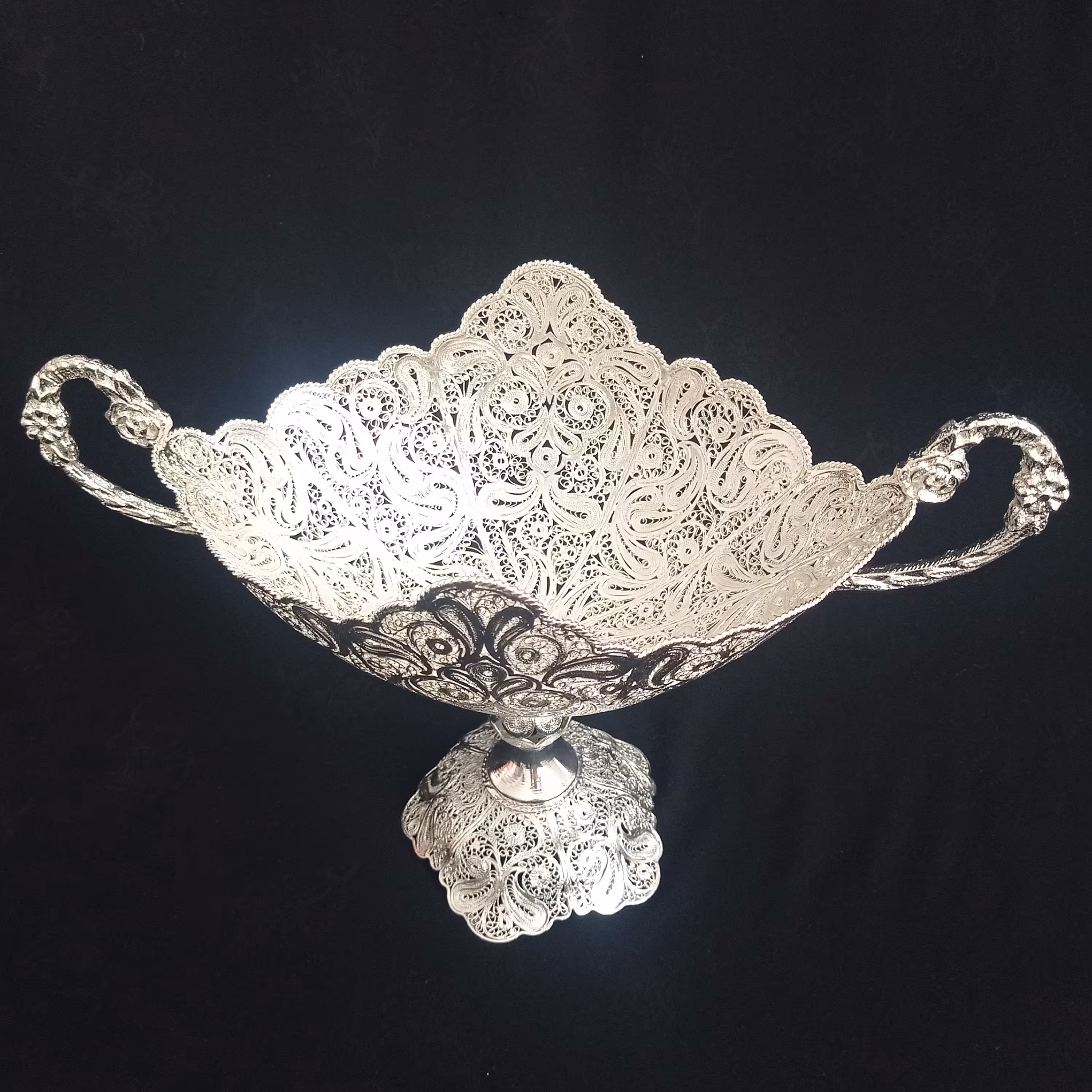 کشکول ملیله مسی پایه دار سایز 4 آبکاری نقره ساخت زنجان با کیفیت عالی 