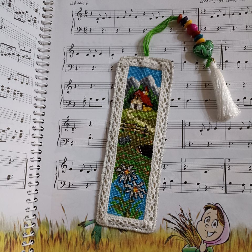 بوکمارک(نشانگر کتاب)شماره دوزی،طرح کلبه و منظره