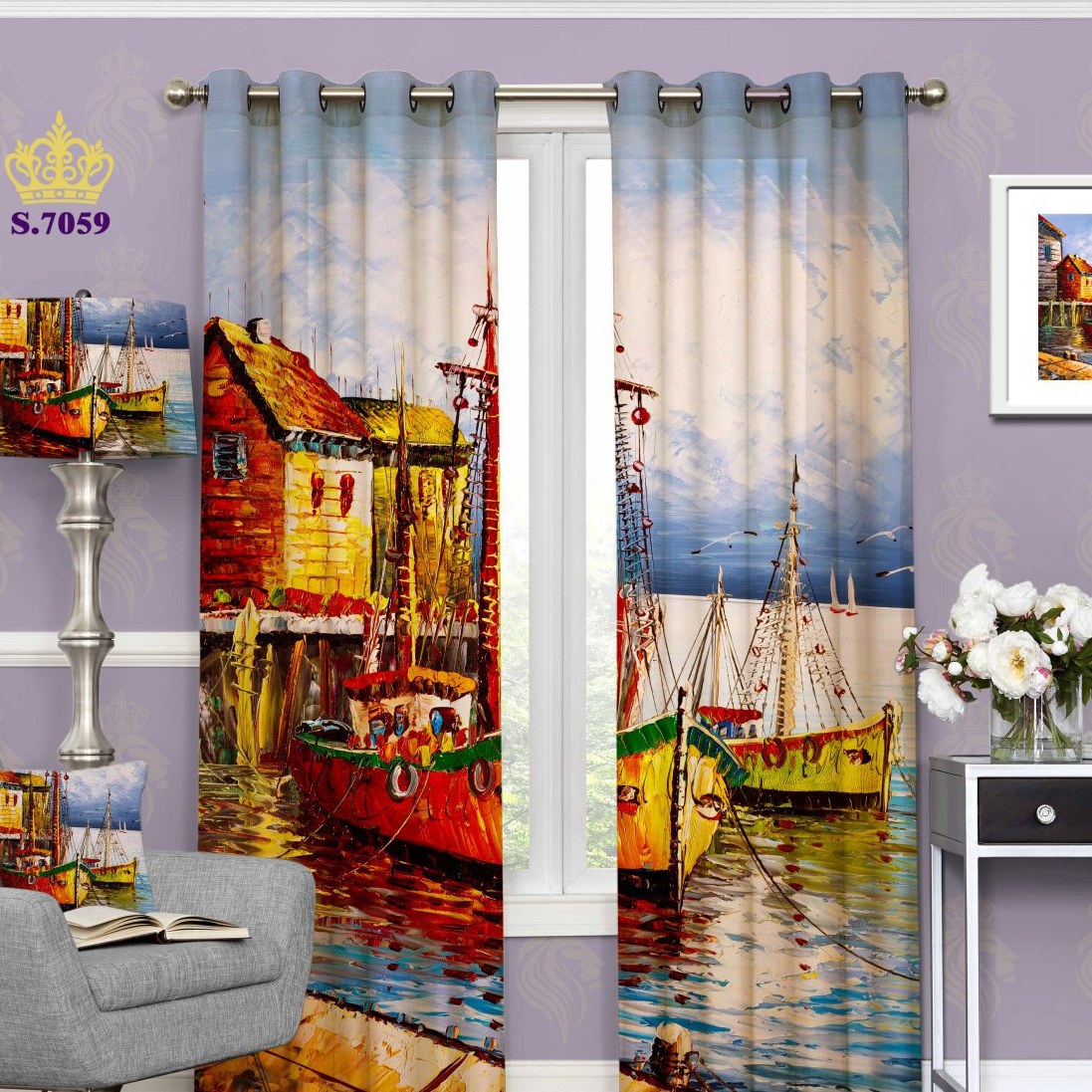 پرده پذیرایی  پانچ شده ارتفاع 3 متر و عرض 1.5 متر  کد 7049نقاشی منظره کنار دریا