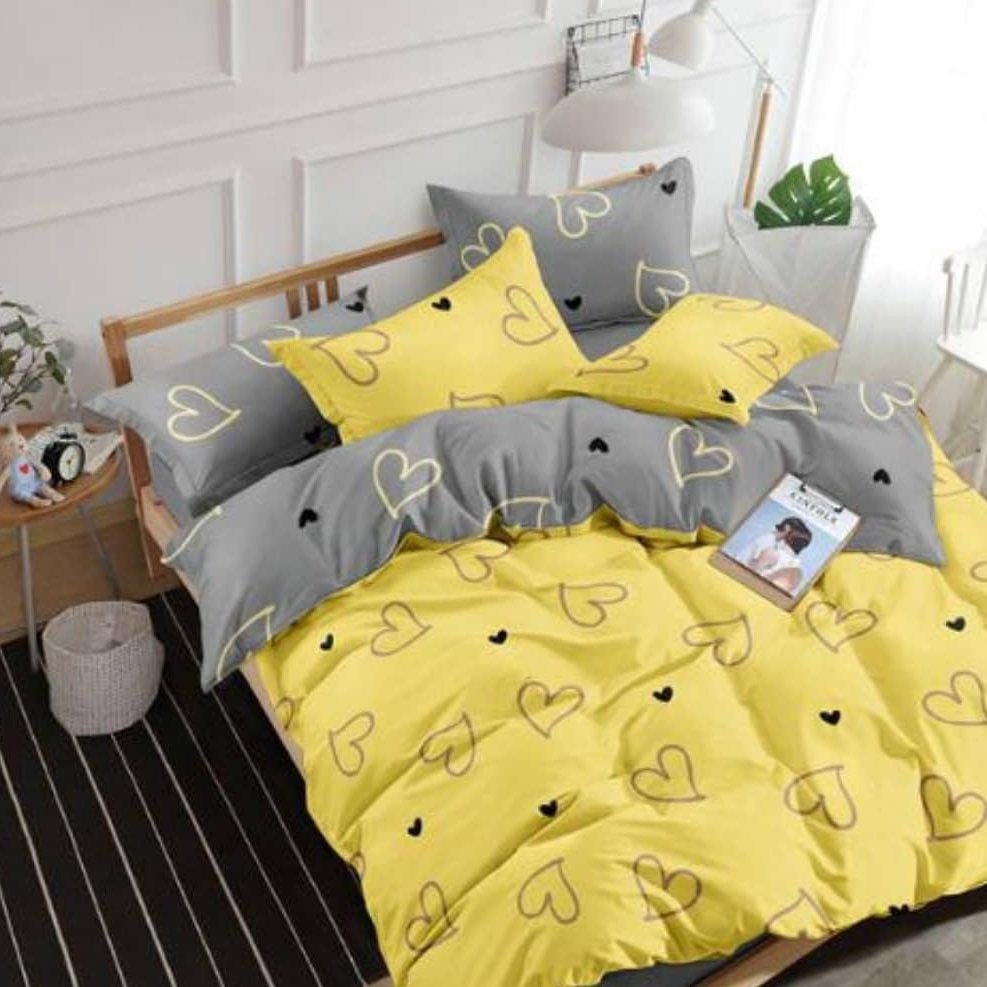 روتختی  پلی کتان 2نفره  طرح قلبی  طوسی زرد اِچ دی 