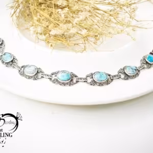 دستبند نقره زنانه سیاه قلم با سنگ فیروزه نیشابور معدنی بیضی کد 5794