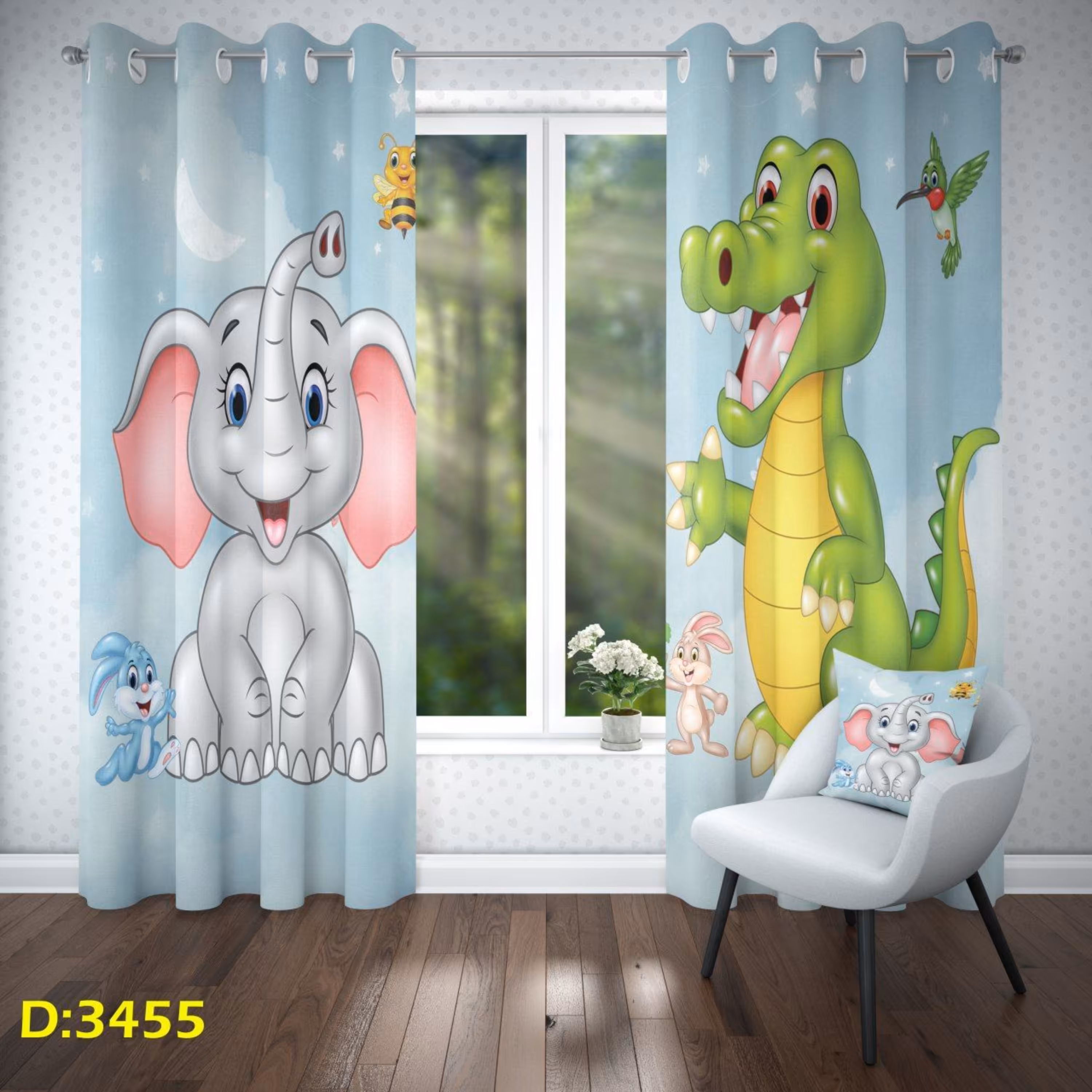 پرده اتاق کودک - طرح دایناسور و فیل  - کد 3455