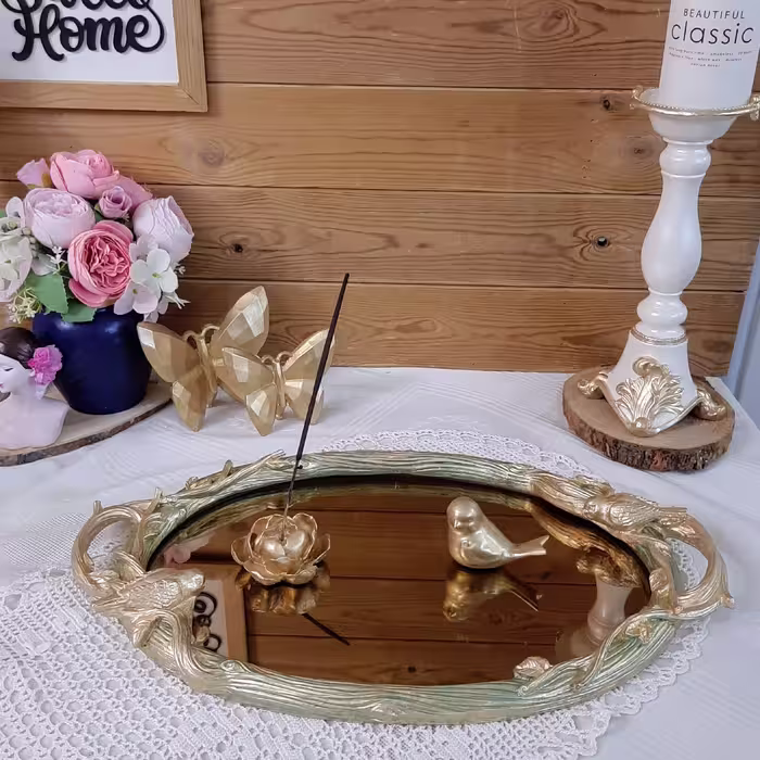 سینی گنجشکی با آینه برنز 