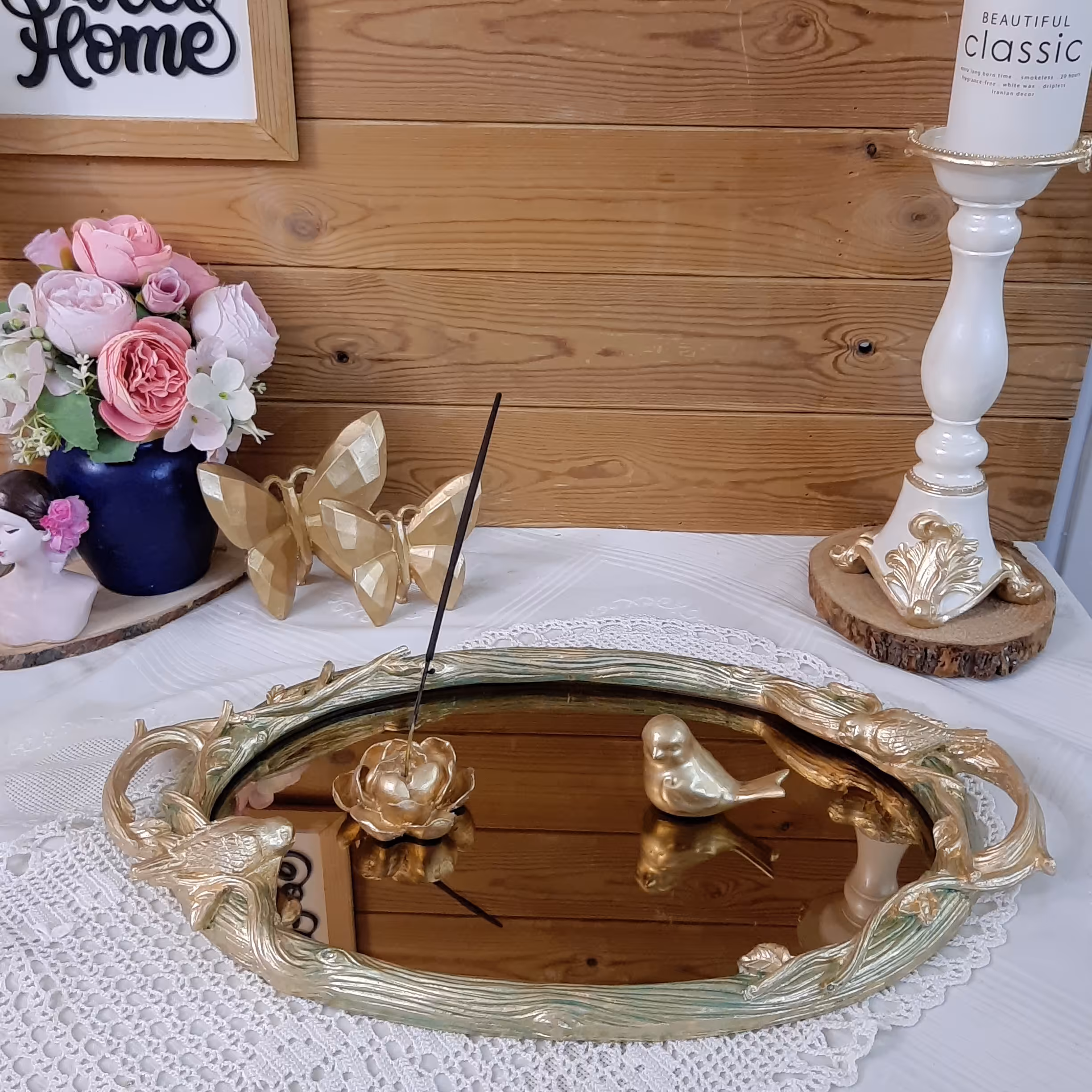 سینی گنجشکی با آینه برنز 