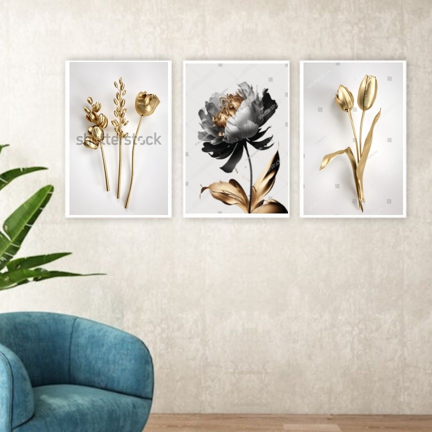 تابلو دکوراتیو گلهای طلایی با زمینه سفید سه تکه 