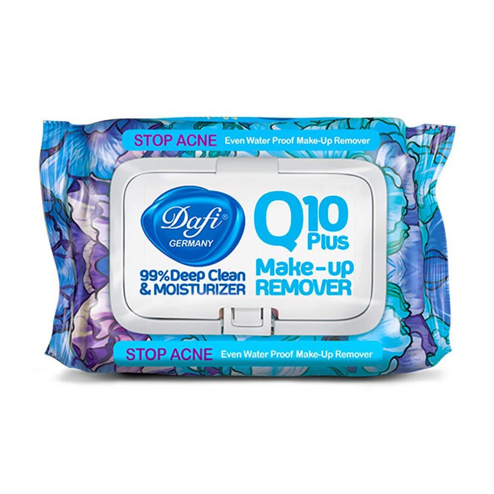 دستمال مرطوب پاک کننده آرایش Q10 پوست چرب دافی بسته 50 عددی