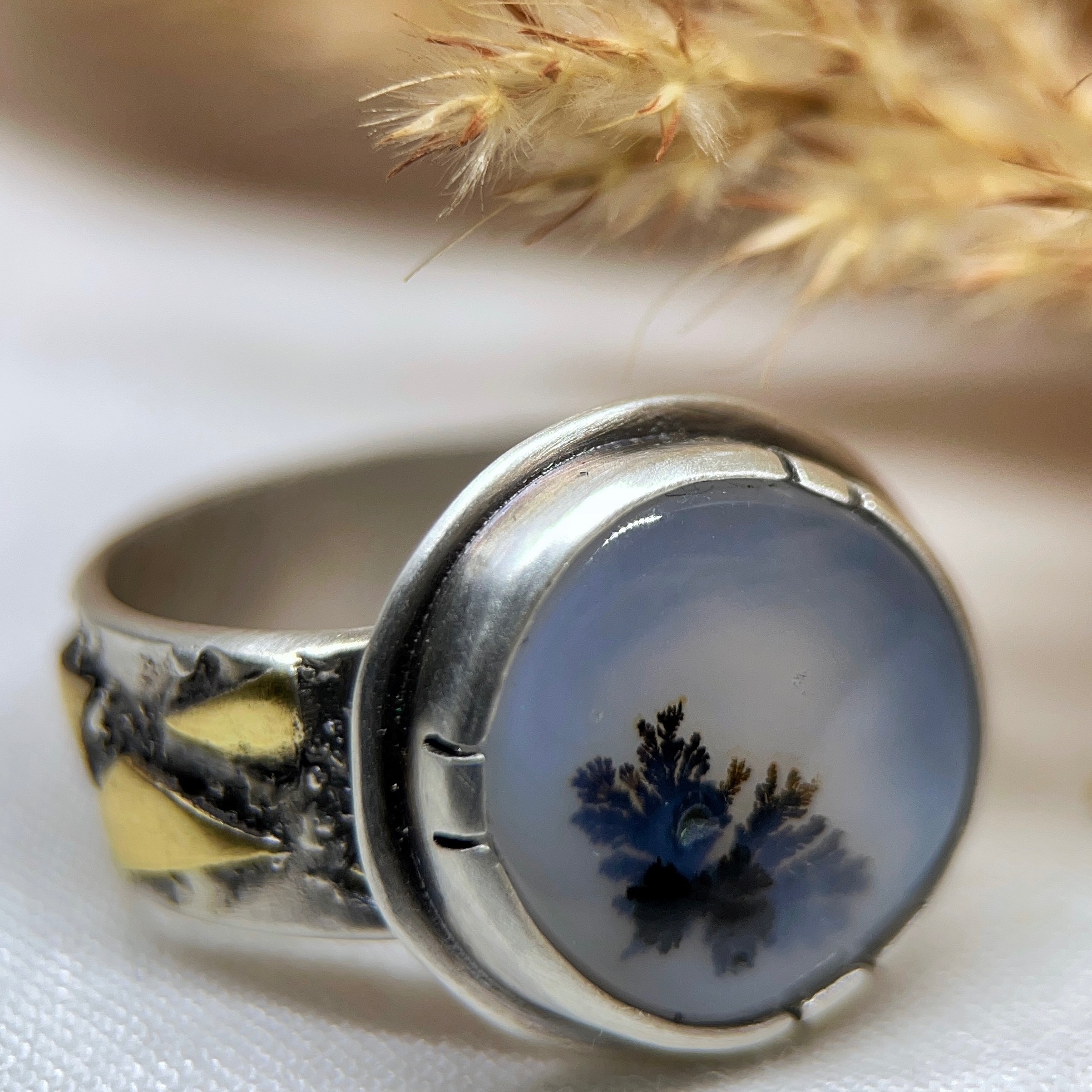 انگشتر  مردانه نقره و برنج با سنگ شجر