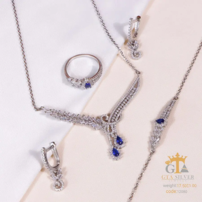 سرویس نقره ظریف با نگین آبی رنگ اشکی عیار 925 کد 12080